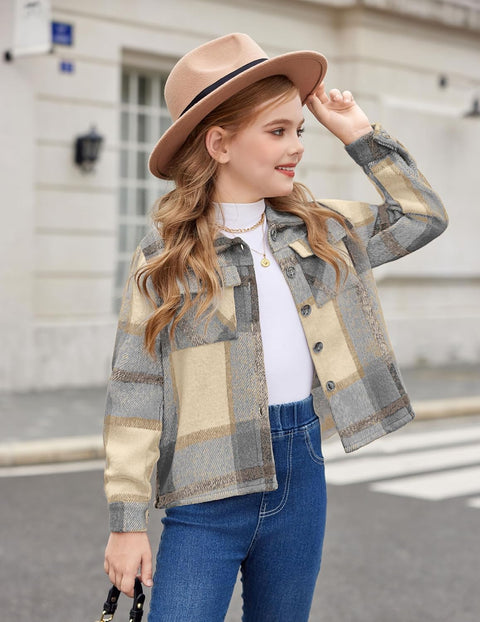 Arshiner Girls Flannel Cropped Shacket Plaid Jacket