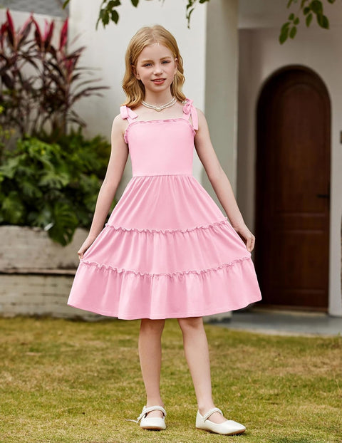 Arshiner Girls Dress Tween Boho Bowknot Strap Swing Flowy Dress