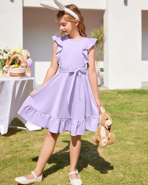 Arshiner Girls Belted Pockets Flutter Sleeve A-line Dresses