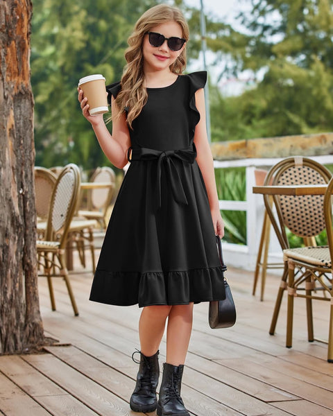 Arshiner Girls Belted Pockets Flutter Sleeve A-line Dresses