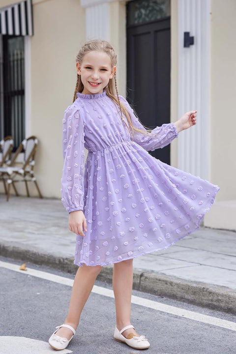 Arshiner Girls Dress Long Sleeve Swiss Dot Ruffle Collar Flowy A-Line Party Dress for Kids 5-13Y