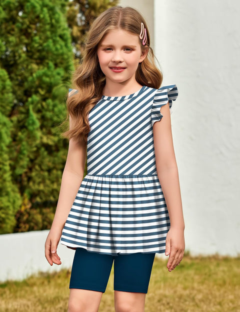 Arshiner Girls 2 Piece Outfit Ruffle Sleeve Peplum Top And Biker Shorts Set