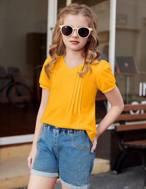 Arshiner Girls Puff Short Sleeve Shirts Pleated Tunic Top