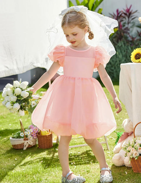 Arshiner Girls Dress Contrast Mesh Puff Flowy Bubble Hem Dresses