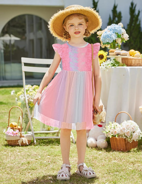 【2-8Y】Arshiner Toddler Lace Tutu Dresses Ruffle Sleeve 3 Layers Tulle Flower Dress