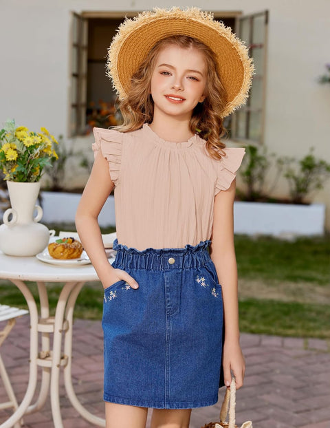 Arshiner Girls Ruffle Short Sleeve Shirts Frill Neck Pleated Blouse Tops