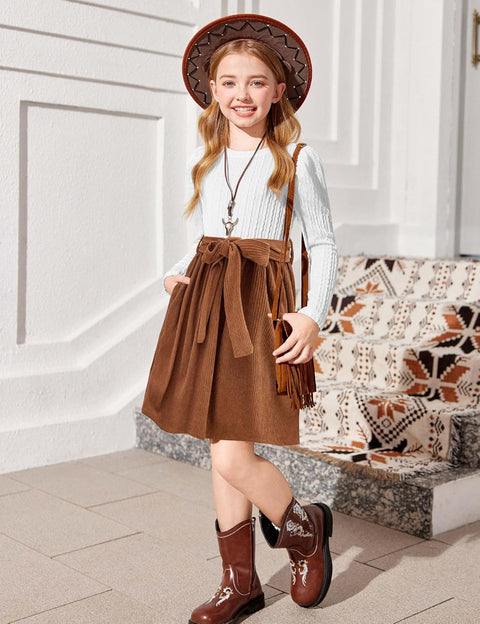 Arshiner Girls Dresses Puff Long Sleeve Rib Knit Plaid Belted Dress