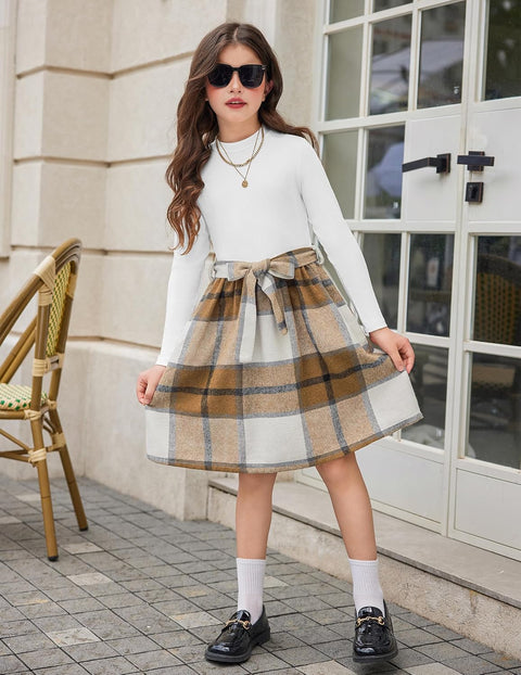Arshiner Girls Dresses Long Sleeve Rib Knit Plaid Patchwork Belted Dress