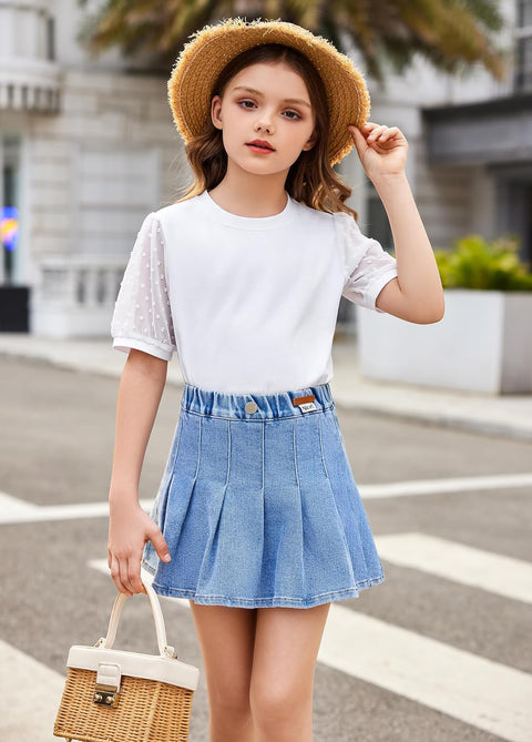 Arshiner Girls Shirt Swiss Dots Texture Sheer Puff Sleeves Loose Crewneck Summer Blouse Tee Tops