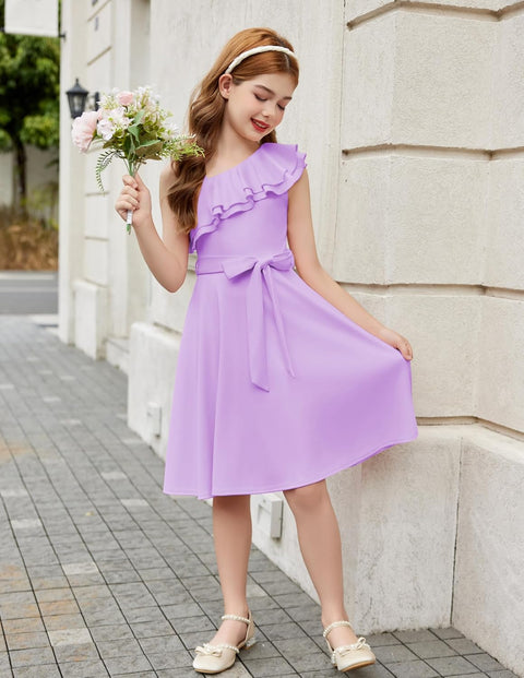 [5Y-12Y] Arshiner Girls Dress One Shoulder Formal Ruffle Trim Party Dresses