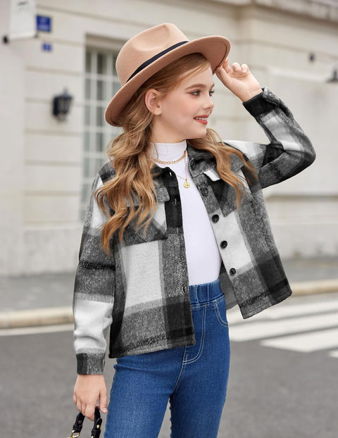 Arshiner Girls Flannel Cropped Shacket Plaid Jacket