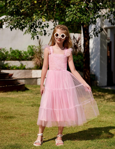 Arshiner Tween Girls Dress Ruffle Sleeve Elastic Straps Smocked Tulle Sundress