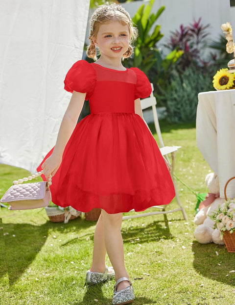 Arshiner Girls Dress Contrast Mesh Puff Flowy Bubble Hem Dresses