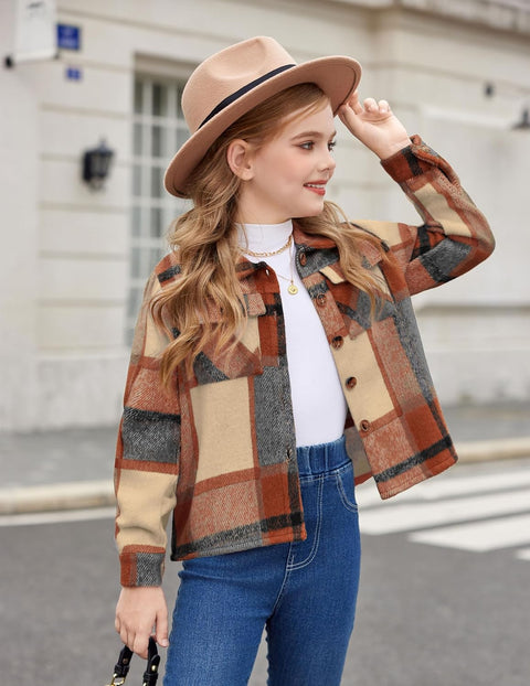 Arshiner Girls Flannel Cropped Shacket Plaid Jacket
