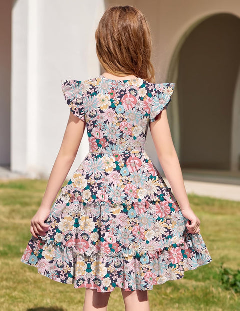 Arshiner Girl's Dress Ruffle Sleeve Tiered Dresses with Pockets 5-12 Years