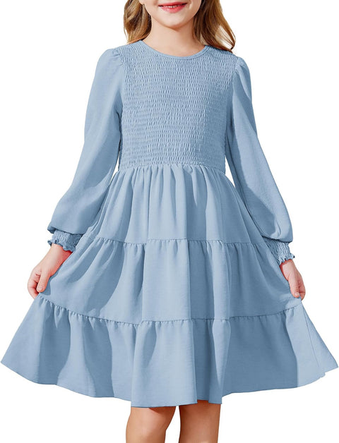 Arshiner Girls Dress Fall Boho Long Sleeve Shirred Smocked Tiered Party Dresses