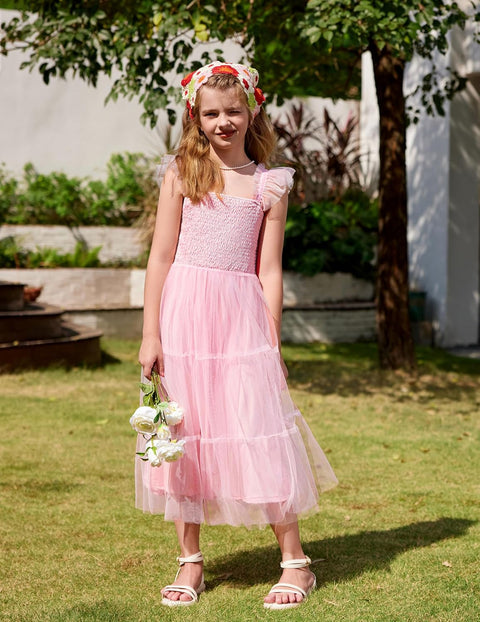 Arshiner Tween Girls Dress Ruffle Sleeve Elastic Straps Smocked Tulle Sundress