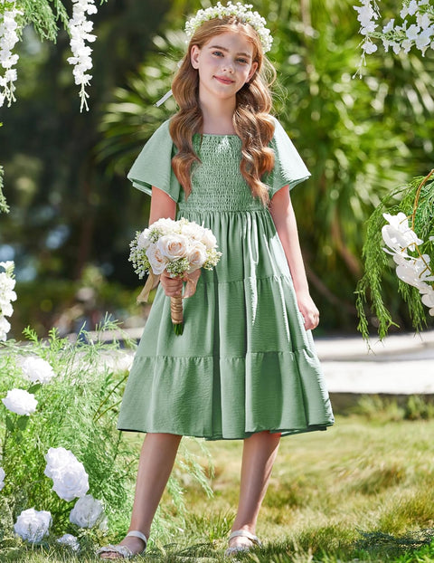 Arshiner Girls Dress Boho Smocked Swing Flowy Ruffle Midi Dresses