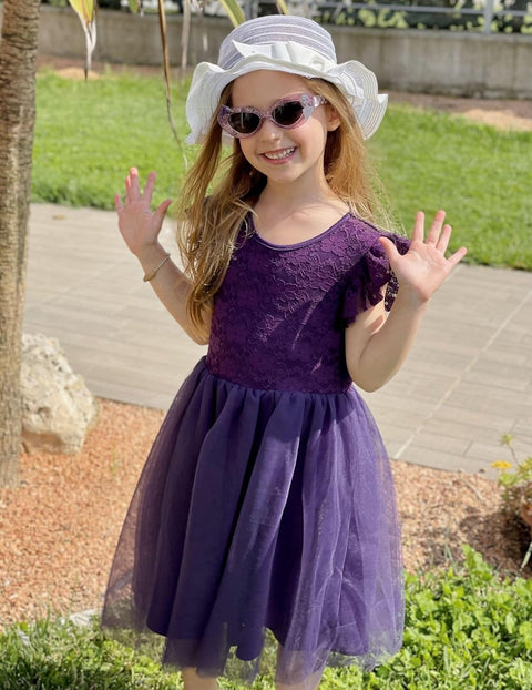 【2-8Y】Arshiner Toddler Lace Tutu Dresses Ruffle Sleeve 3 Layers Tulle Flower Dress