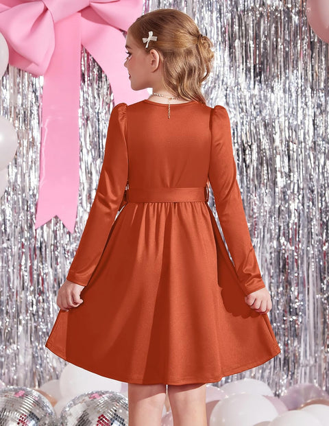 Arshiner Girls Dresses Puff Long Sleeve Formal Belted Dress
