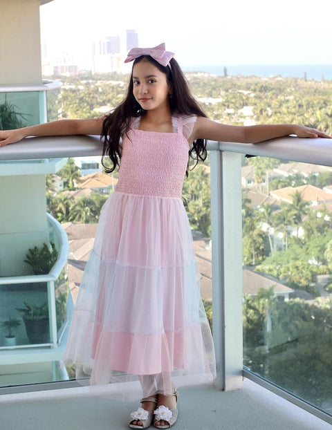 Arshiner Tween Girls Dress Ruffle Sleeve Elastic Straps Smocked Tulle Sundress