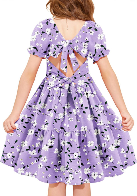 Arshiner Girls Dress Tie Back Short Sleeve Square Neck Tiered Midi Dresses