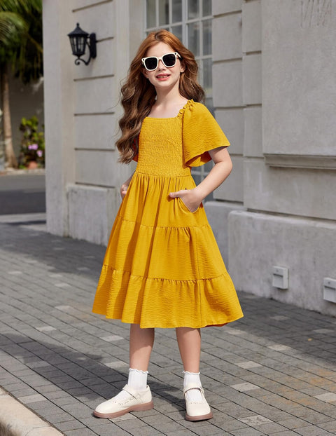 Arshiner Girls Dress Boho Smocked Swing Flowy Ruffle Midi Dresses