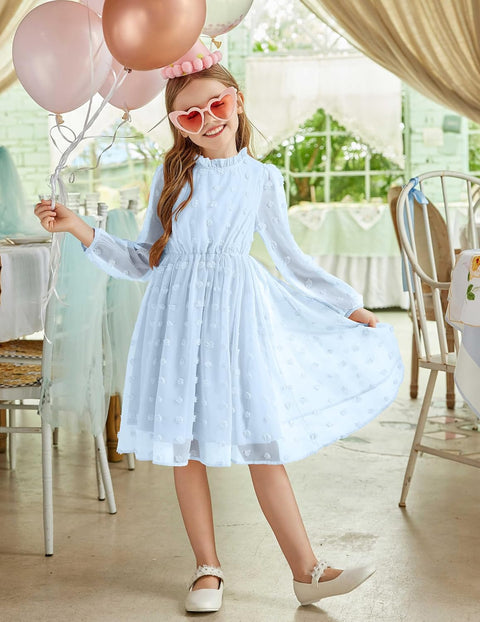 Arshiner Girls Dress Long Sleeve Swiss Dot Ruffle Collar Flowy A-Line Party Dress for Kids 5-13Y