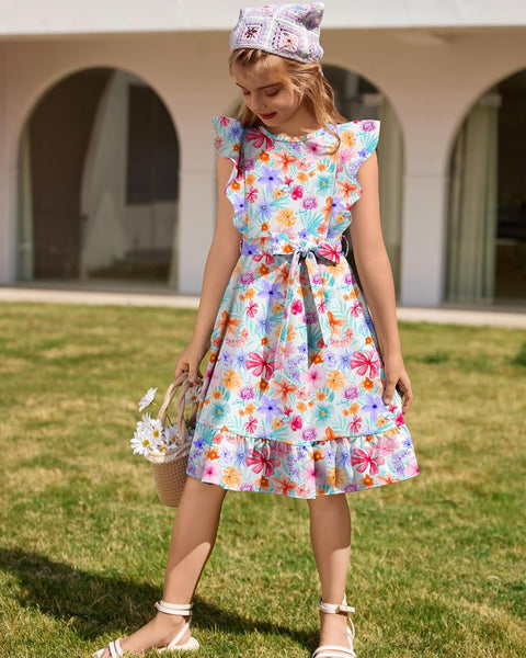 Arshiner Girls Belted Pockets Flutter Sleeve A-line Dresses