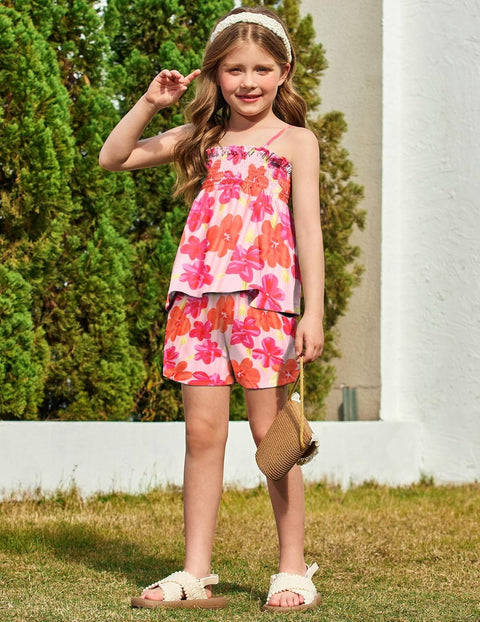 【2-8Y】Arshiner Toddler Girls 2 Piece Outfits Ruffle Hem Camisole & Shorts Set