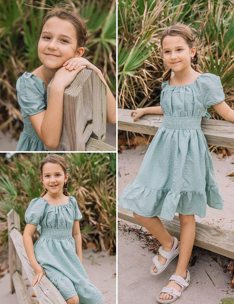 Arshiner Girls Tie Back Short Sleeve Ruffle Hem Off Shoulder Dresses