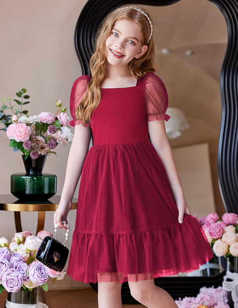 【6-16Y】Arshiner Girls Dresses Tulle Bow Tie Back Puff Sleeve Dress