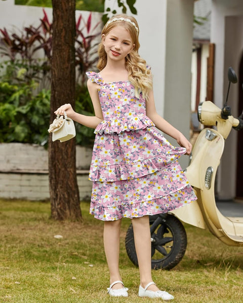 [5-13Y] Arshiner Girls Dresses Ruffle Sleeve Tiered Casual Flowy Swing Sundress