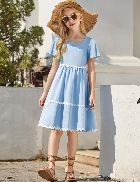 Arshiner Girls Dress Flutter RIC Rac Tiered Short Sleeve Dresses with Pockets