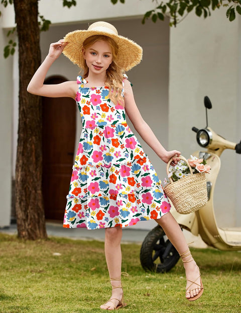 Arshiner Girls Dress Tween Boho Bowknot Strap Swing Flowy Dress