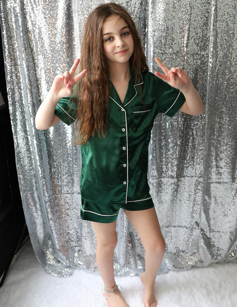 Arshiner Girls Pajamas Silk Satin Pajama Sleepwear Button Down Pj Set