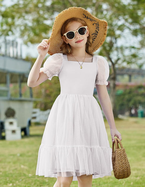 【6-16Y】Arshiner Girls Dresses Tulle Bow Tie Back Puff Sleeve Dress