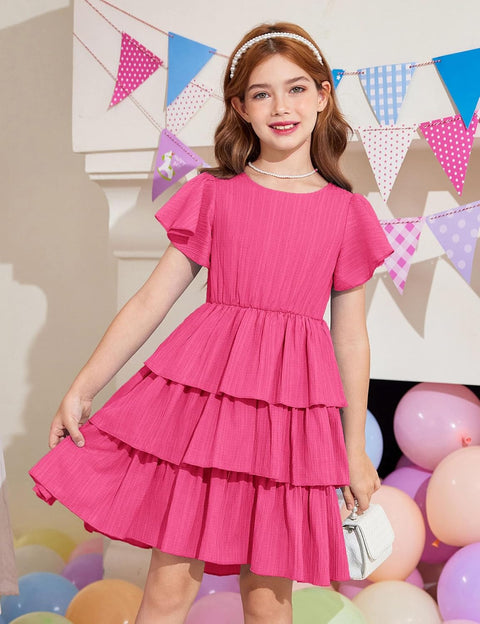 Arshiner Girls Dresses Elegant Ruffle Short Sleeve Back Tie Tiered Dresses