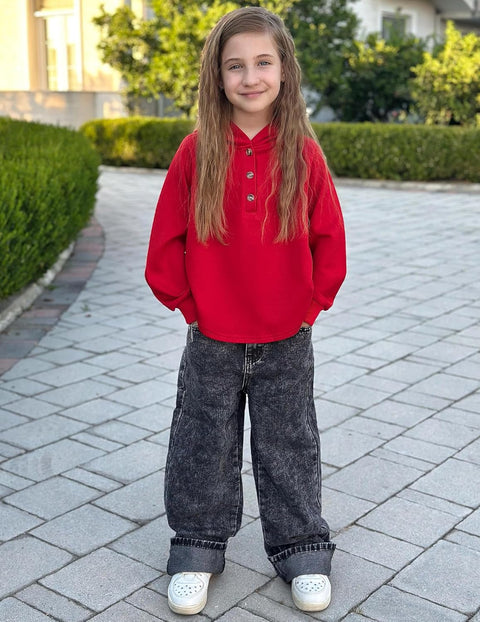 Arshiner Girls Button Collar Kids Hooded Sweatshirt