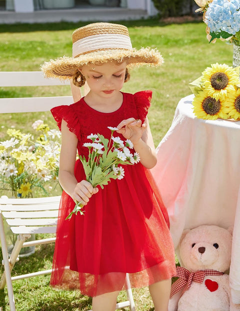 【2-8Y】Arshiner Toddler Lace Tutu Dresses Ruffle Sleeve 3 Layers Tulle Flower Dress