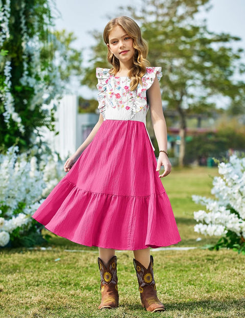 Arshiner Girls Tie Back Dress Tween Boho Flutter Sleeve Maxi Dresses