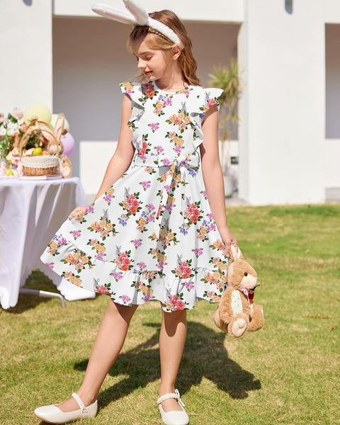 Arshiner Girls Belted Pockets Flutter Sleeve A-line Dresses