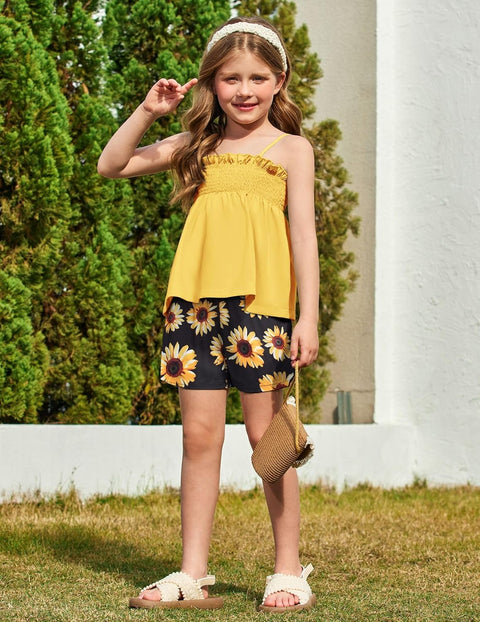 【2-8Y】Arshiner Toddler Girls 2 Piece Outfits Ruffle Hem Camisole & Shorts Set