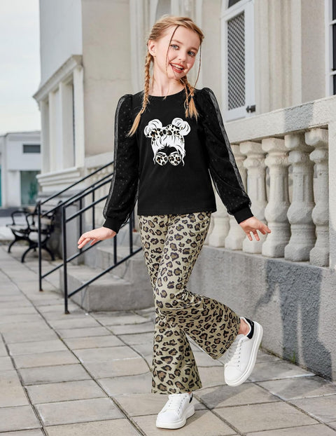 Arshiner Girls 2 Piece Outfits Knit Tulle Puff Top and Flare Pants Set