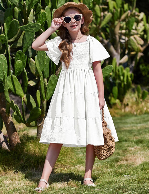 Arshiner Girls Dress Boho Smocked Swing Flowy Ruffle Midi Dresses