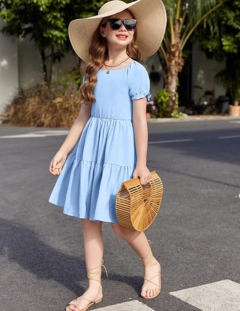 Arshiner Girls Dress Tie Back Short Sleeve Square Neck Tiered Midi Dresses