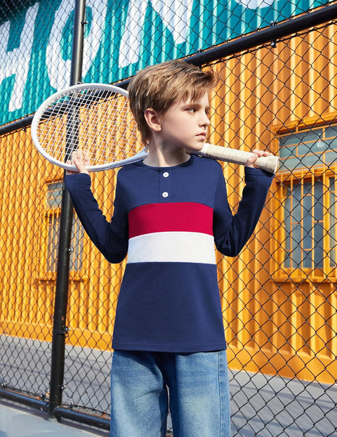 Arshiner Kids Boys Henley Shirts Cotton Long Sleeve T-Shirts Color Block Tee