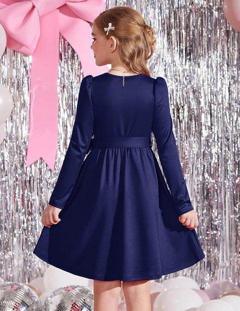 Arshiner Girls Dresses Puff Long Sleeve Formal Belted Dress