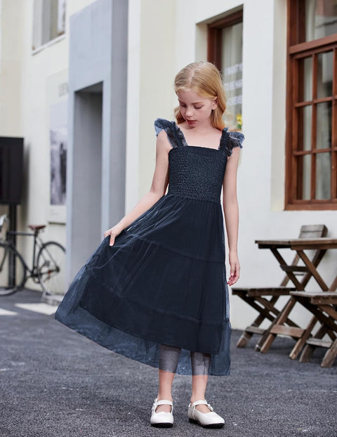 Arshiner Tween Girls Dress Ruffle Sleeve Elastic Straps Smocked Tulle Sundress