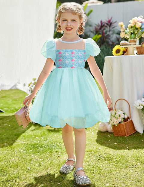 Arshiner Girls Dress Contrast Mesh Puff Flowy Bubble Hem Dresses